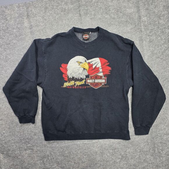 Harley-Davidson Sweatshirt Mens Large Black Crewneck Bald Eagle Canada Graphic - Picture 1 of 9